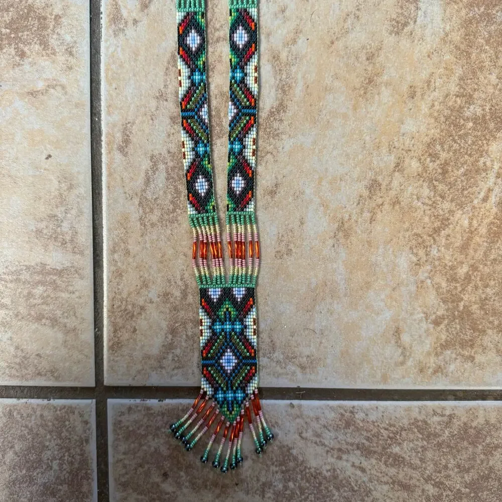 Native American‎ Seed Beaded Necklace Handmade Multicolor Fringe Boho Unisex